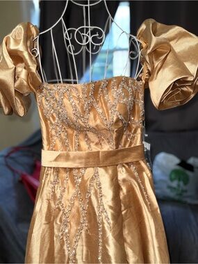 Gold Satin Beaded Off-Shoulder Gown